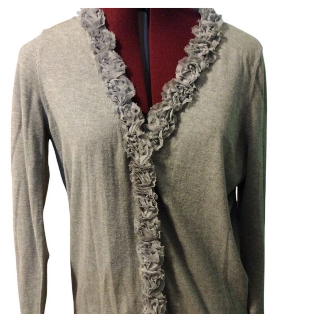Talbots Soft Gray Cardigan sweater with Chiffon Ruffle Trim LP